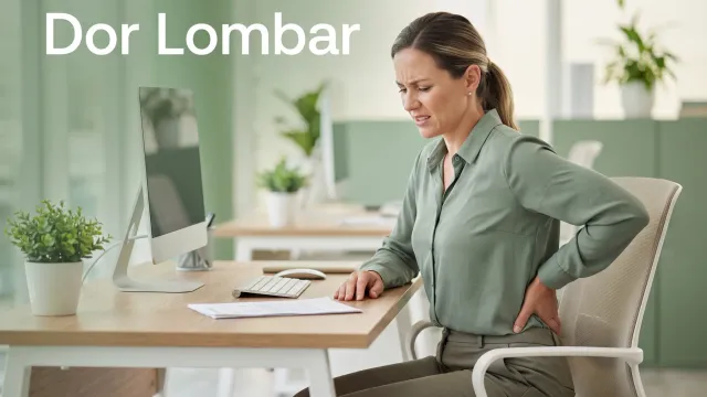Mulher à mesa de escritório levando a mão à lombar, com expressão de dor